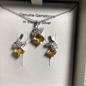 Sterling Silver Genuine Citrine and White Topaz Necklace Earrings Set NWT